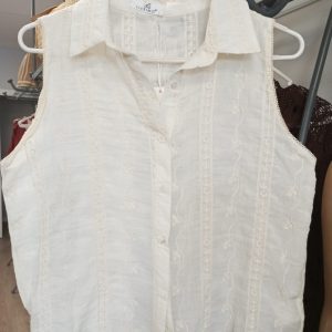 Camisa Beige Bordada sin Mangas – Poliéster/Viscosa – Talla Única (40-42)